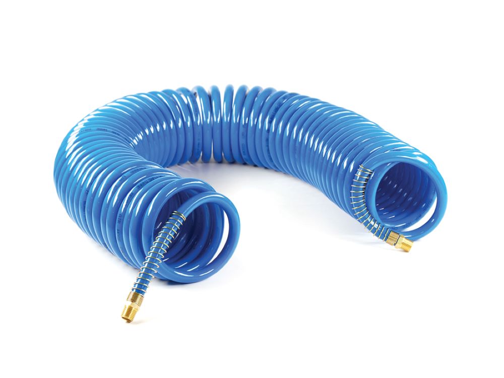 Blue Color Green Power 1/4 x 25 PU Recoil Air Hose 120 PSI with 1/4 NPT Swivel Male Fittings & Bend Restictors